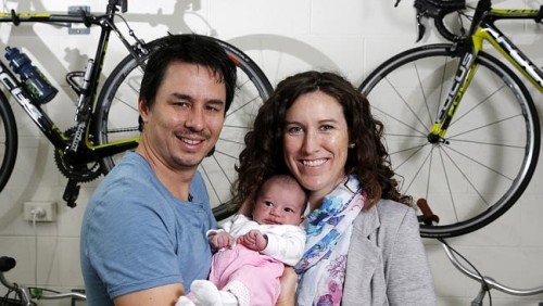 Olympian, cyclist Sara Carrigan with her partner Stevo Sing and their new child Bobbi Sing